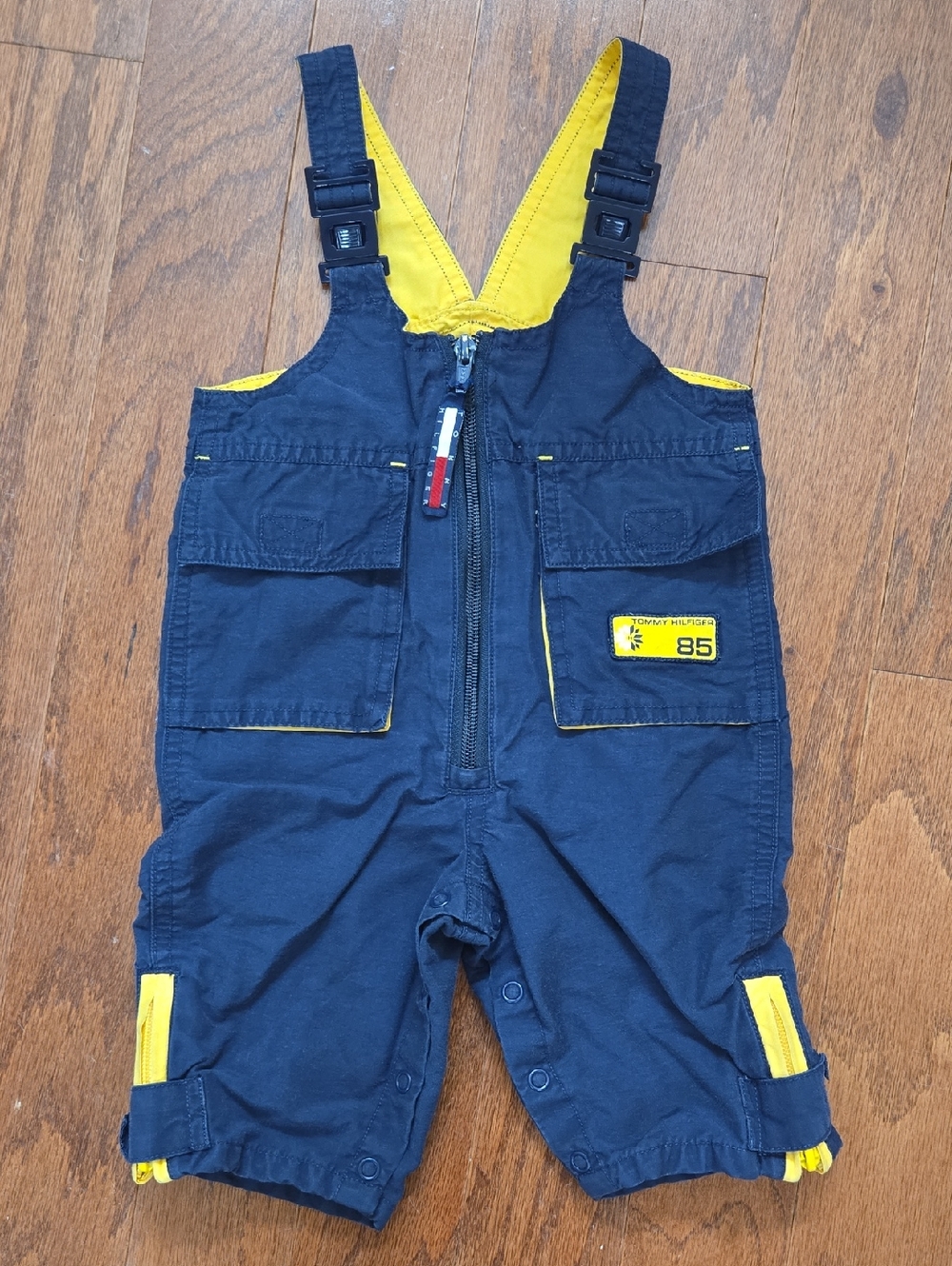 Vintage Tommy Hilfiger Navy and Yellow Kids Overalls Shorts 3-6 Months